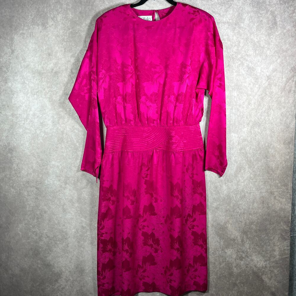 Vintage St. Malo Dress 12 Pink Floral‎ Print Jacquard Silk Midi Long Sleeve
